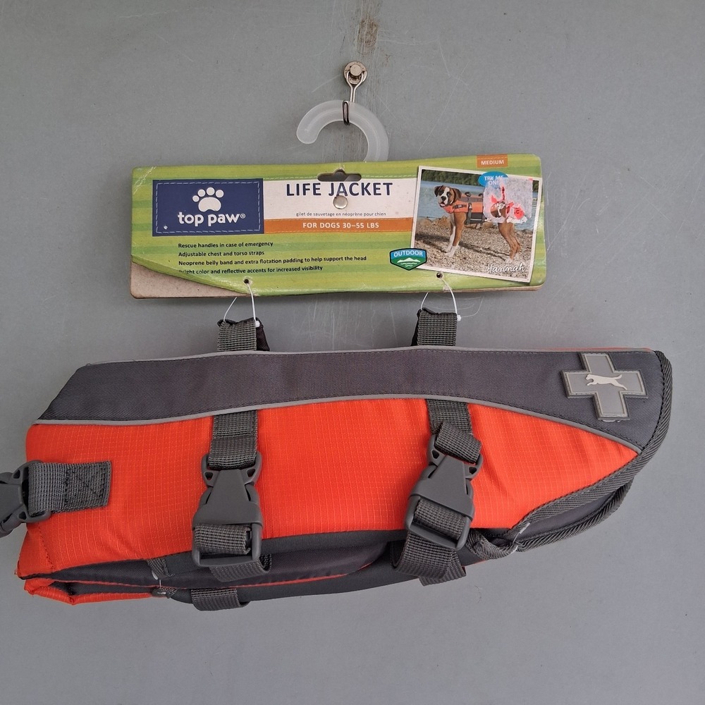 NWT NEW Top Paw Medium Dog Life Jacket Orange Flotation Device Water Safety M